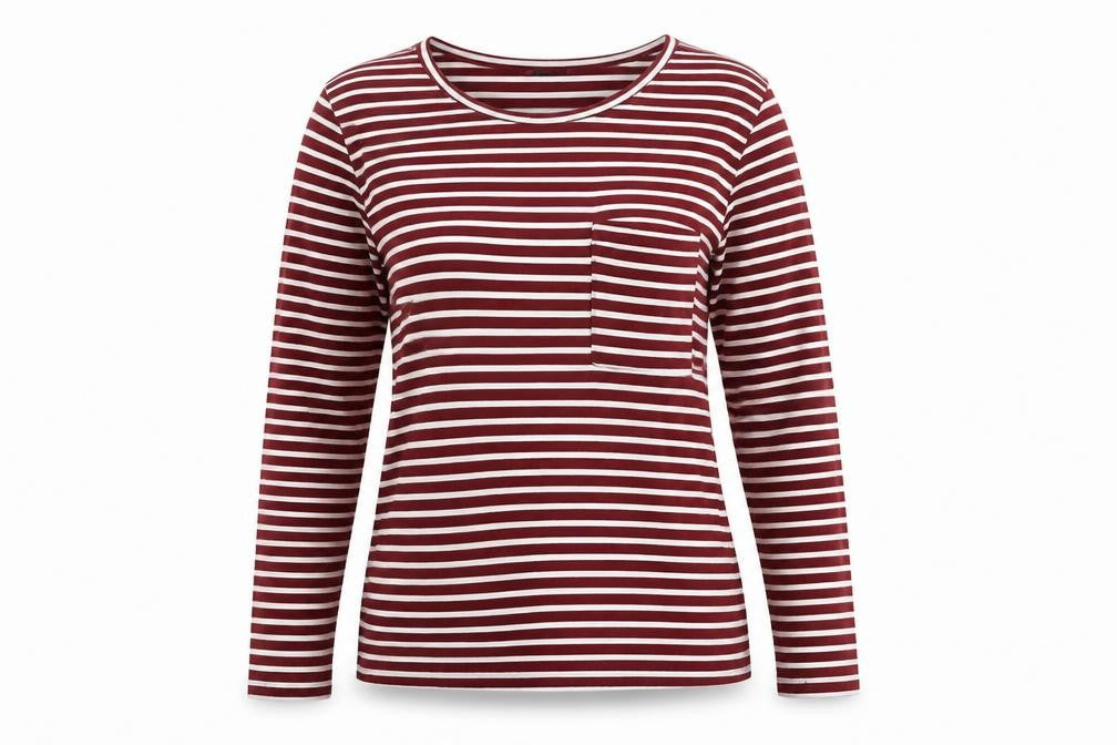 Marks & Spencer Womens Red Striped Viscose Basic T-Shirt Size 10 Round Neck