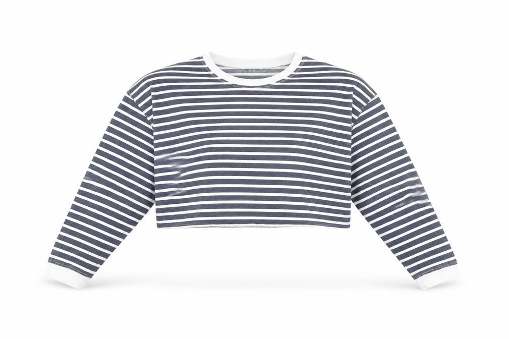 Missguided Womens Blue Striped Cotton Cropped T-Shirt Size 12 Round Neck