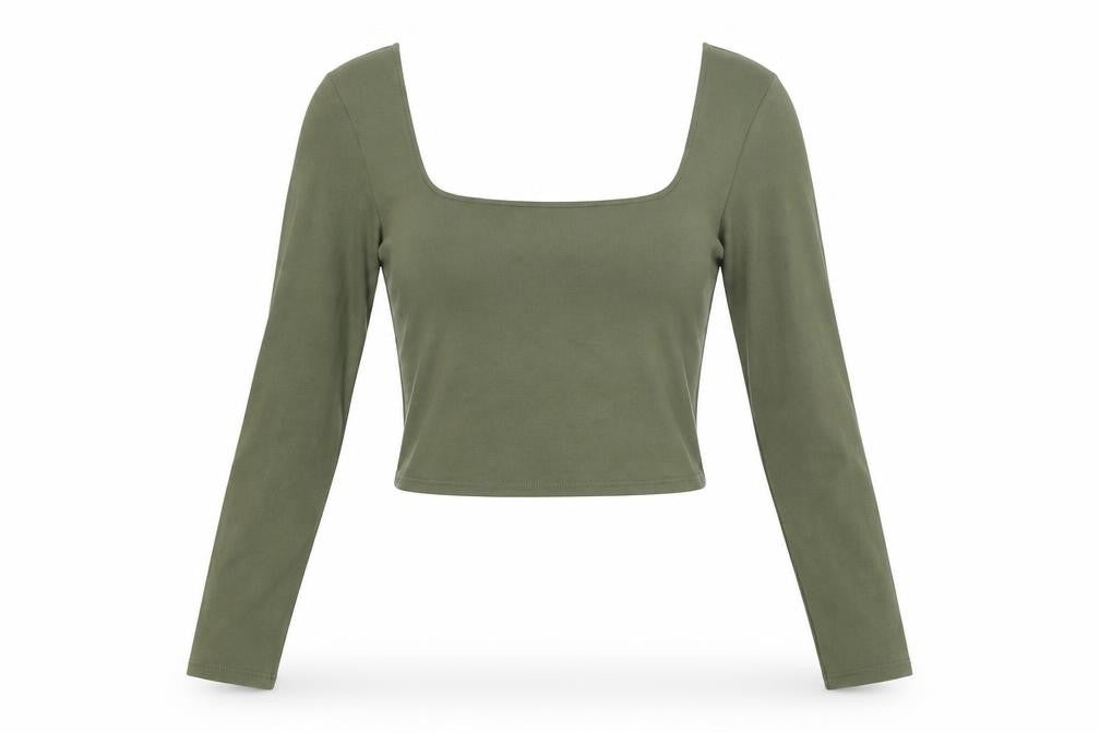 Front view of Miss Selfridge women’s green cotton cropped t-shirt, size UK 8, square neck