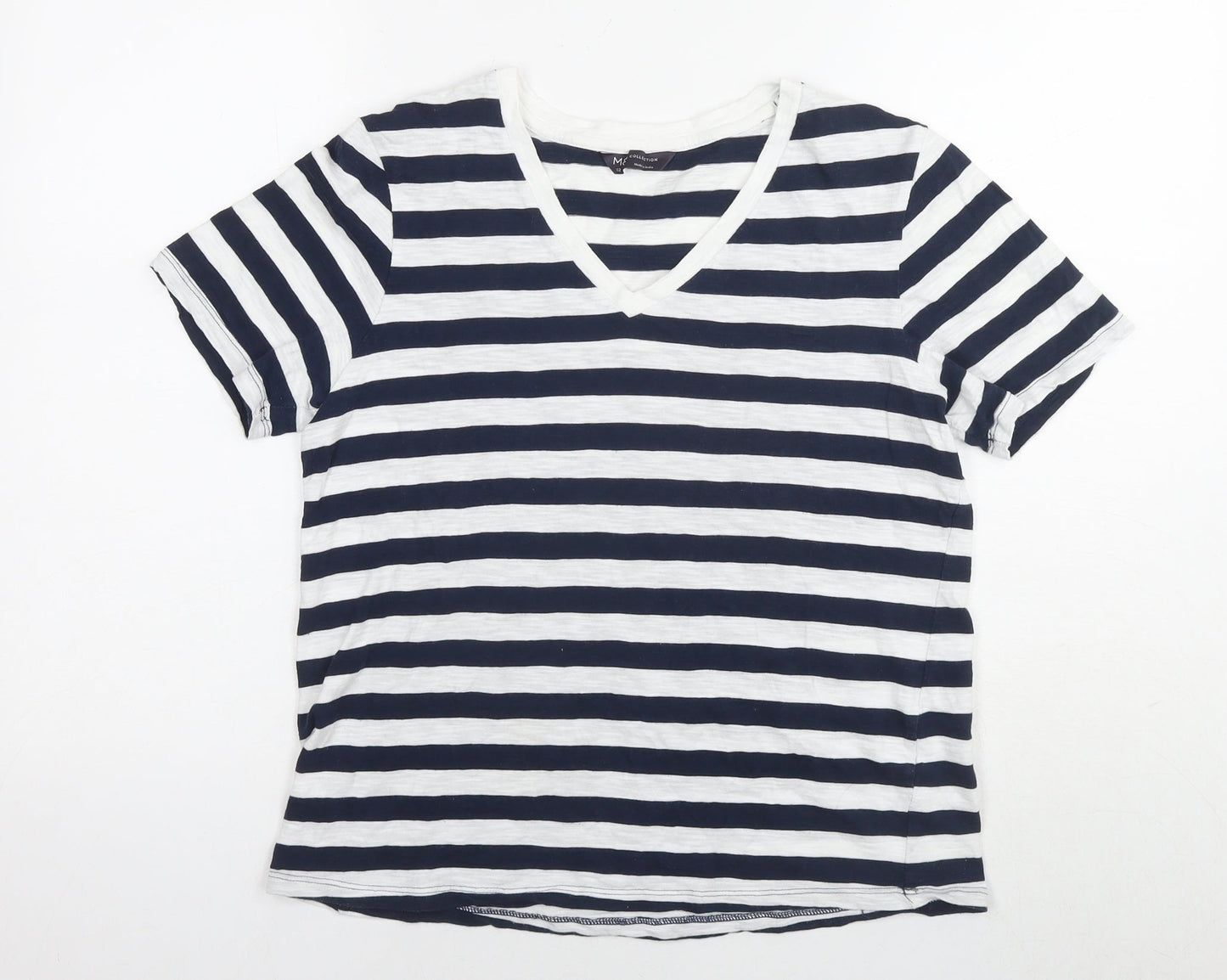 Marks and Spencer Womens Blue Striped Cotton Basic T-Shirt Size 12 Round Neck