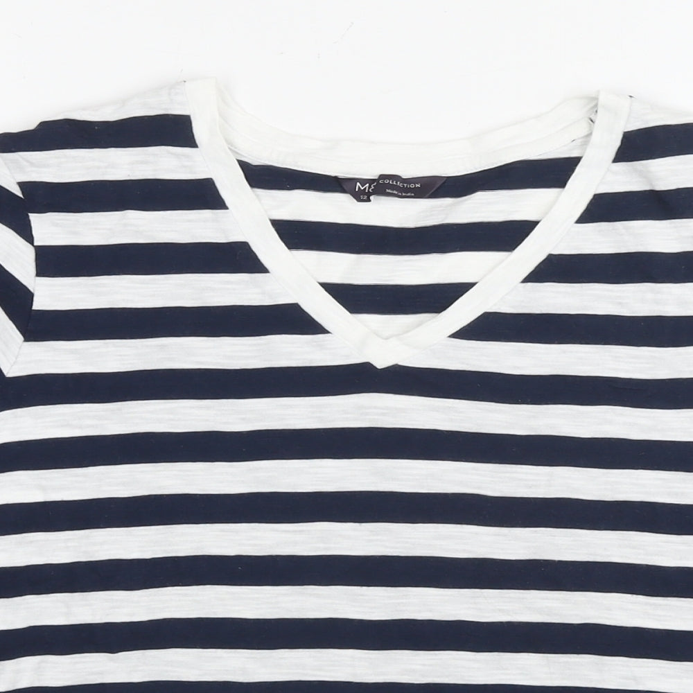Marks and Spencer Womens Blue Striped Cotton Basic T-Shirt Size 12 Round Neck