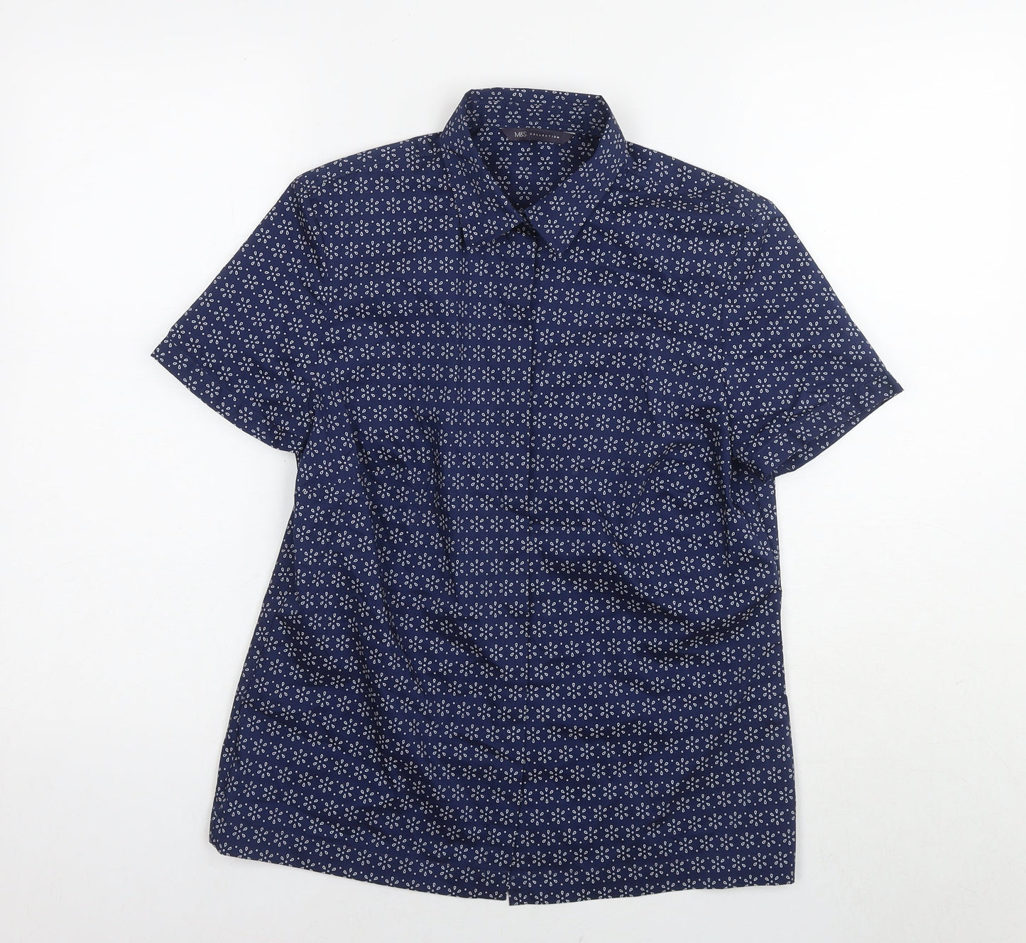 Marks and Spencer Womens Blue Floral Cotton Basic Button-Up Size 8 Collared