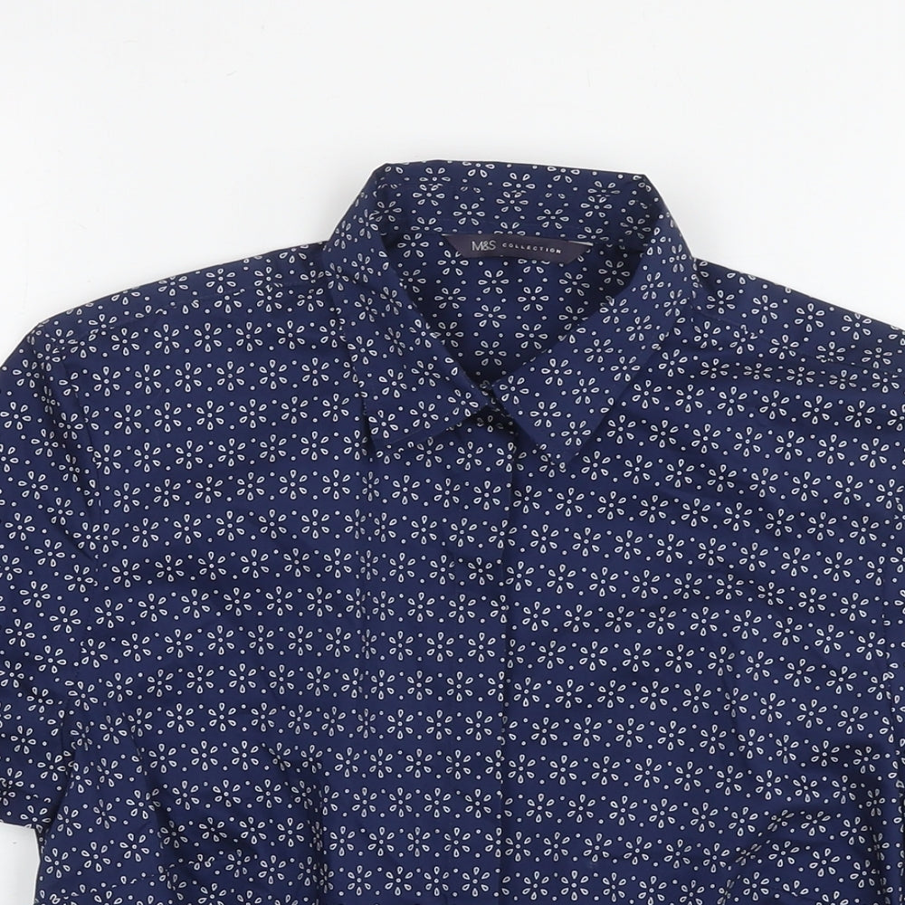Marks and Spencer Womens Blue Floral Cotton Basic Button-Up Size 8 Collared