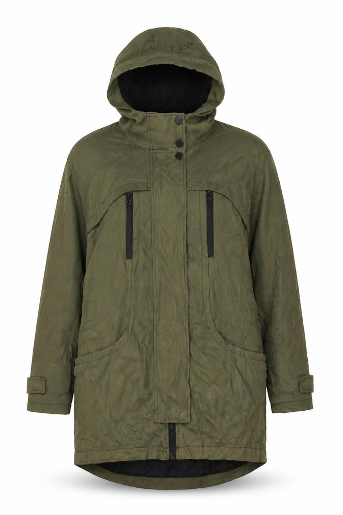 Front view of ASOS women’s green parka coat, size UK 10, zip