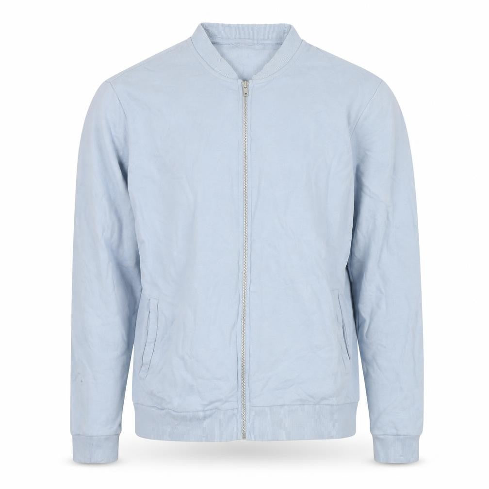 Front view of ASOS men’s blue cotton full zip sweatshirt, size L