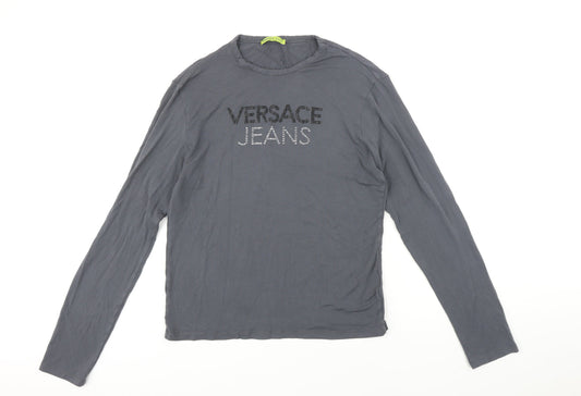 Versace Jeans Womens Grey Herringbone Viscose Basic T-Shirt Size 16 Round Neck