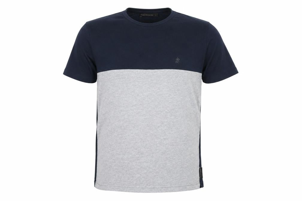 Front view of French Connection men’s multicoloured colourblock cotton t-shirt, size L, round neck