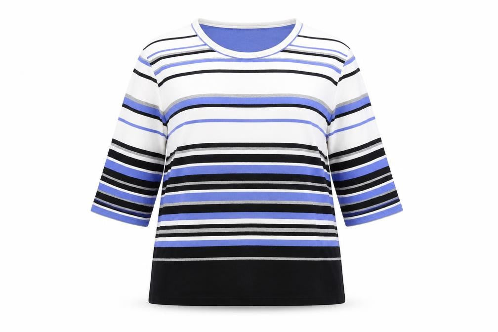 Front view of Maine New England women’s blue striped cotton tunic t-shirt, size UK 18, scoop neck