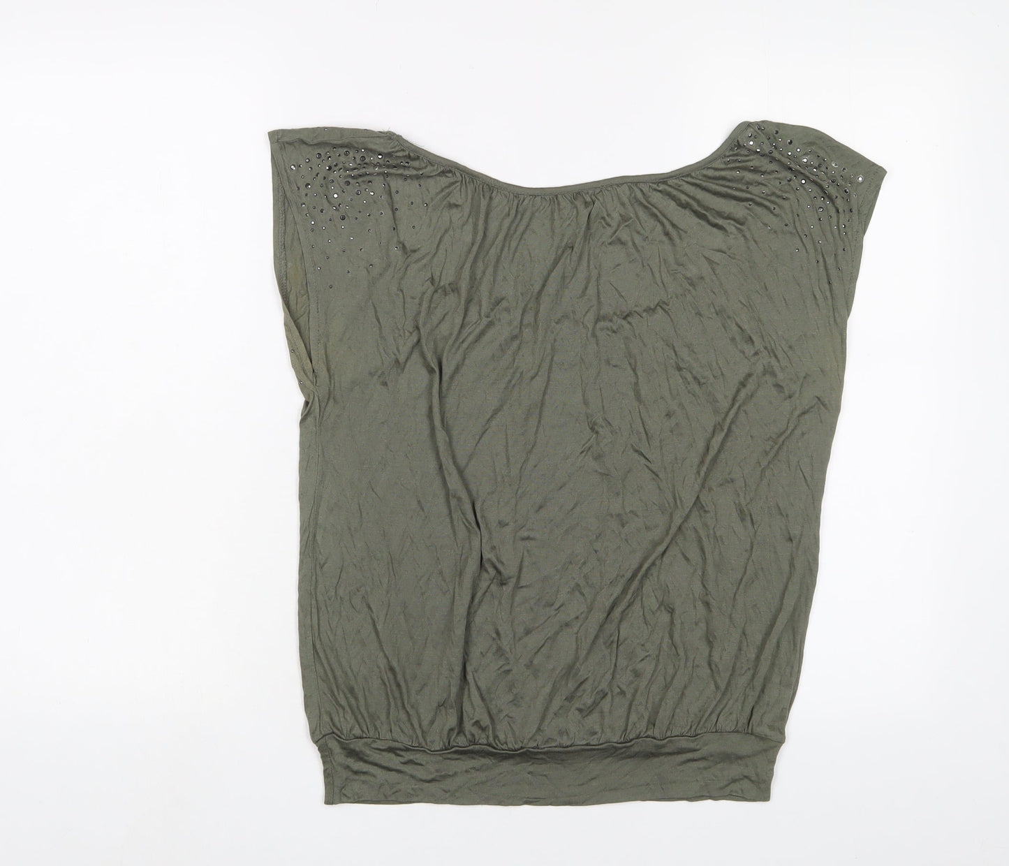 H&M Womens Green Viscose Basic T-Shirt Size S Scoop Neck - Studded