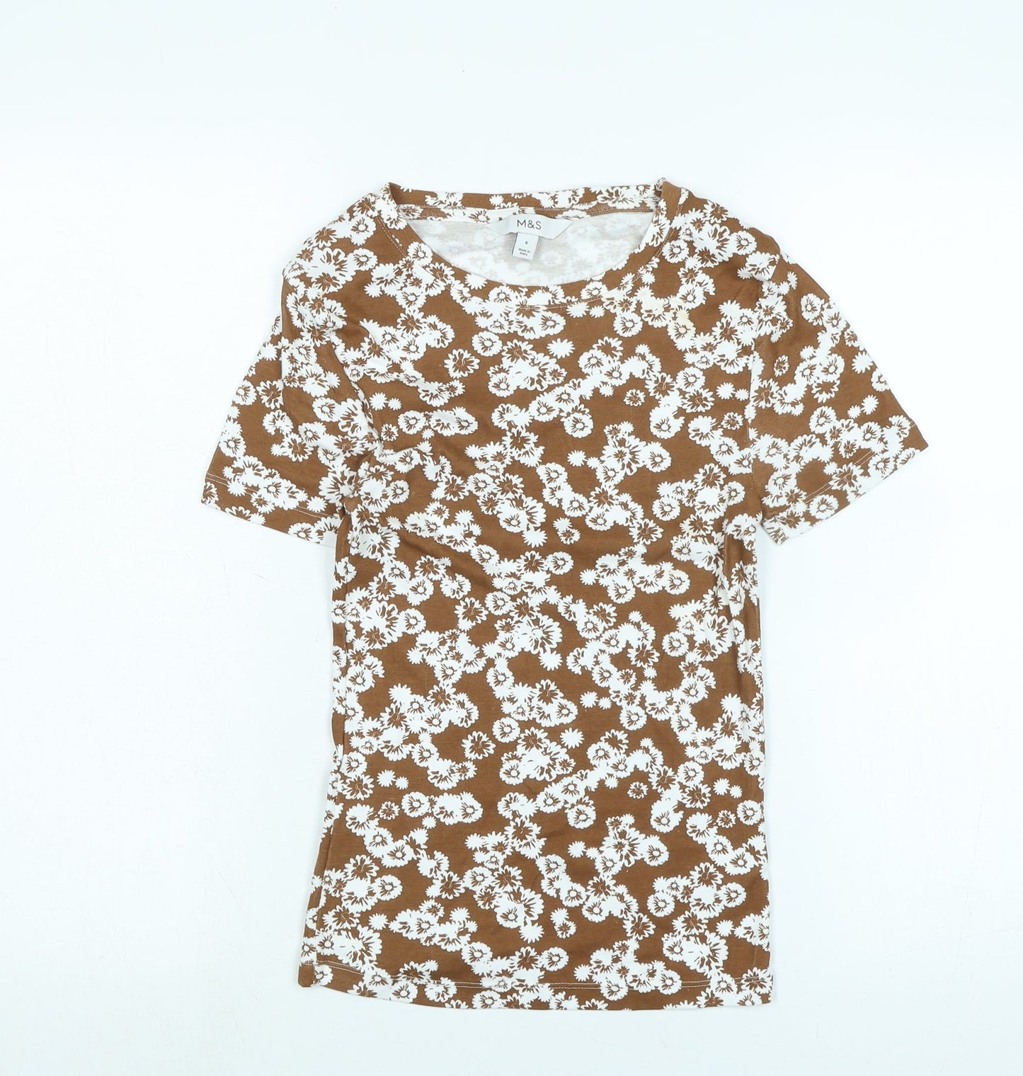 Marks and Spencer Womens Brown Cotton Basic T-Shirt Size 6 Scoop Neck