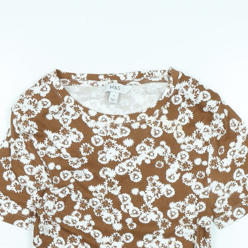 Marks and Spencer Womens Brown Cotton Basic T-Shirt Size 6 Scoop Neck
