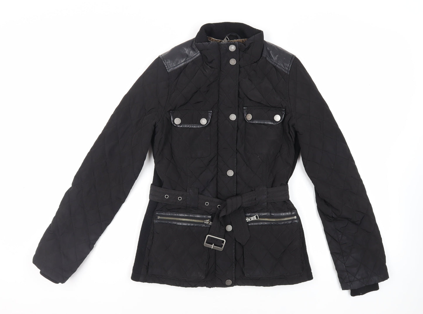 NEXT Womens Black Quilted Jacket Size 8 Zip - Belted