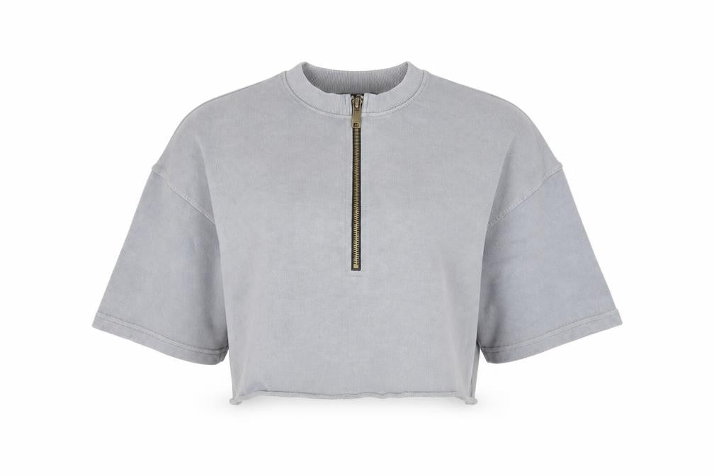 Front view of Missguided women’s grey cotton pullover sweatshirt, size UK 10, zip - cropped