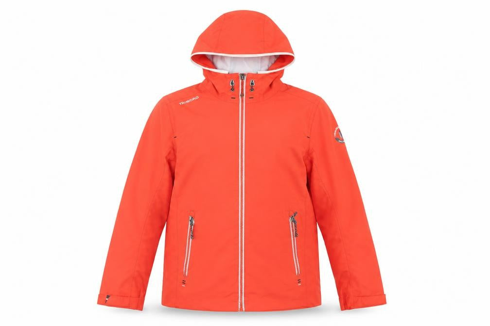 Front view of Decathlon boys’ red windbreaker jacket, size 10, years - hooded zipped pockets