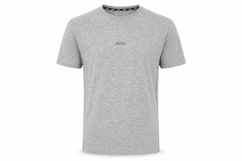 Front view of boohooMAN men’s grey polyester t-shirt, size S, crew neck - logo