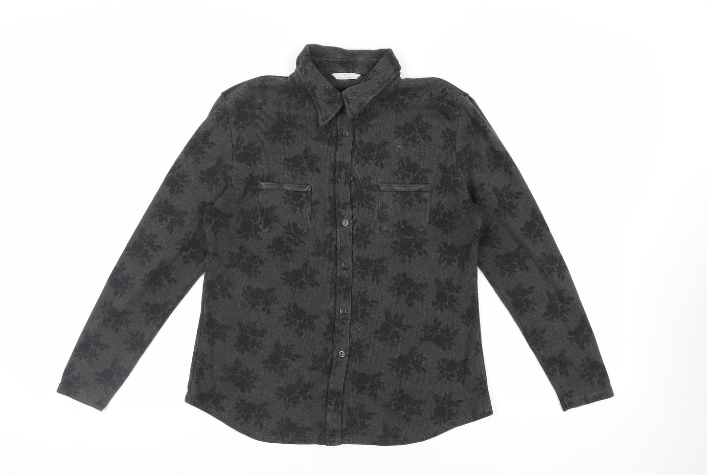 Marks and Spencer Womens Green Floral Cotton Basic Button-Up Size 14 Collared