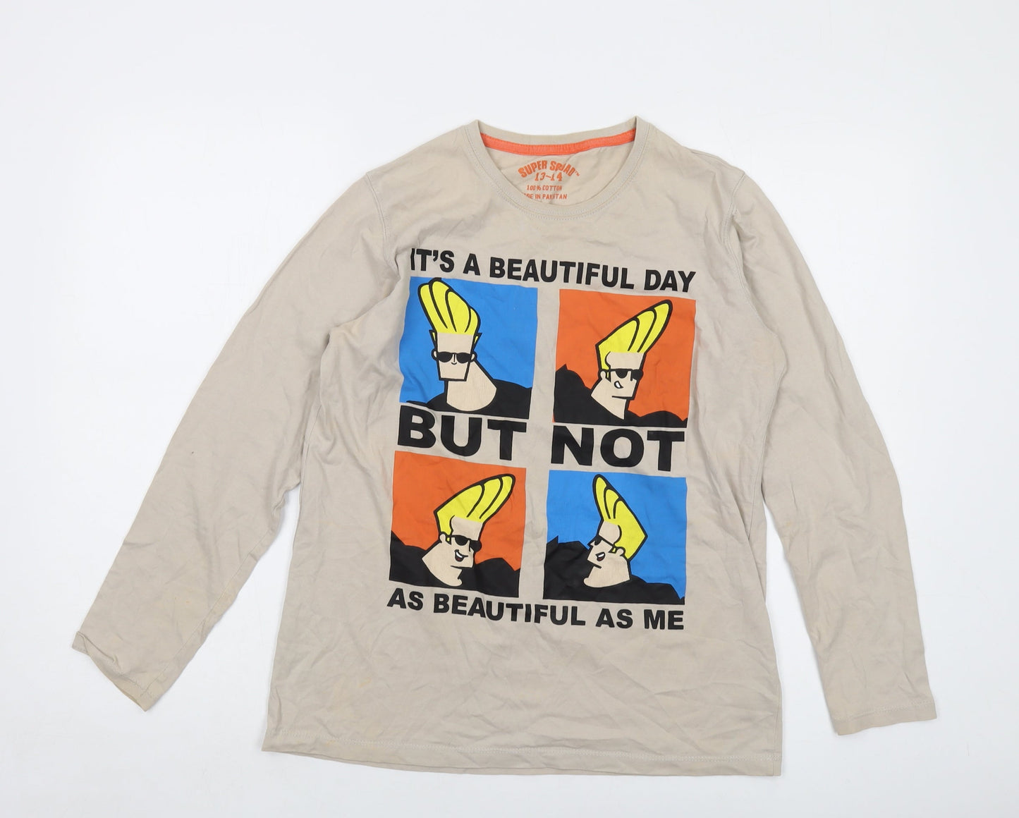 Super Squad Boys Beige Cotton Basic T-Shirt Size 13-14 Years Crew Neck Pullover