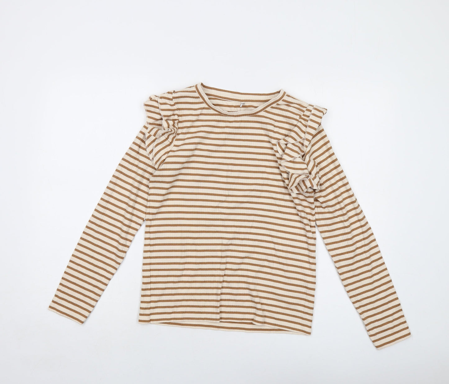 JDY Womens Beige Striped Cotton Basic Blouse Size L Crew Neck