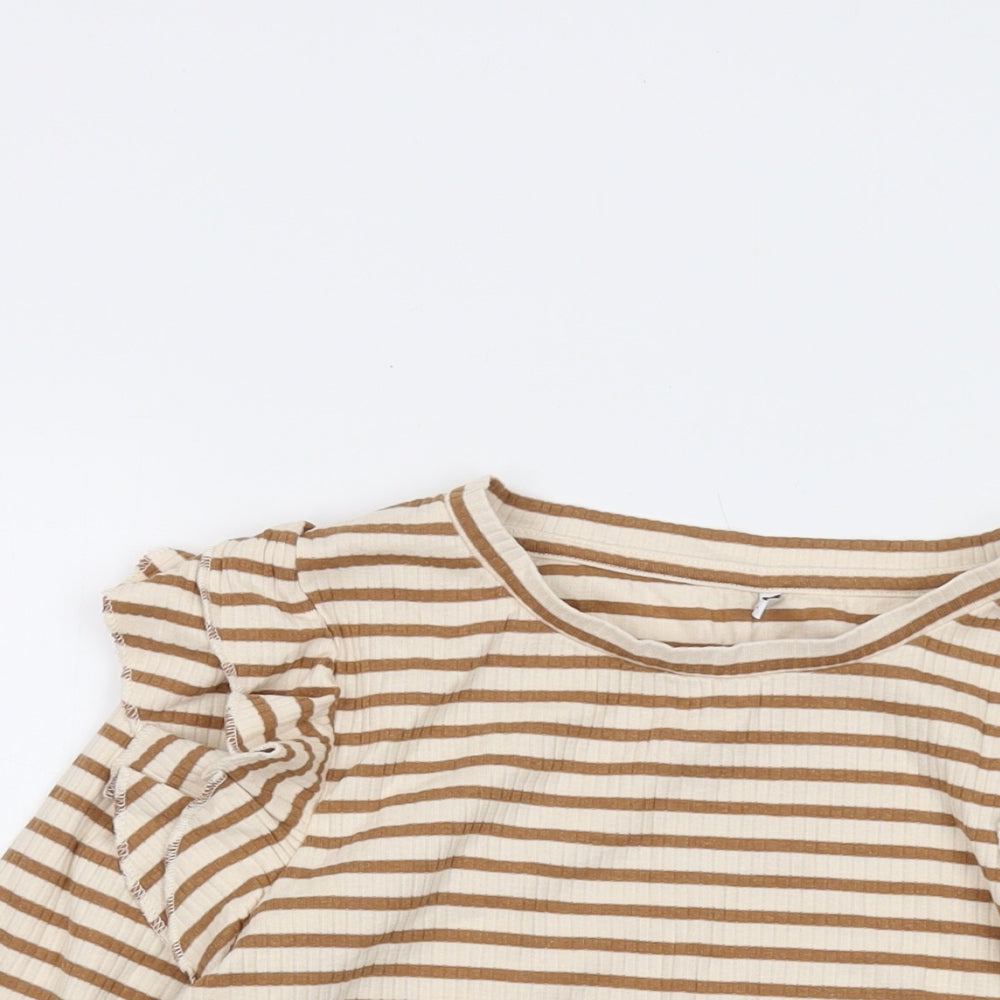 JDY Womens Beige Striped Cotton Basic Blouse Size L Crew Neck