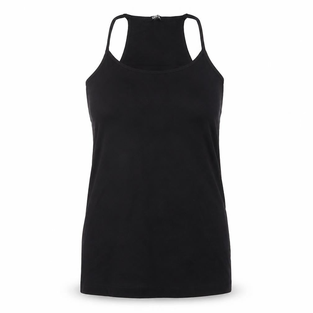 Front view of ASOS women’s black cotton basic tank, size UK 14, scoop neck pullover
