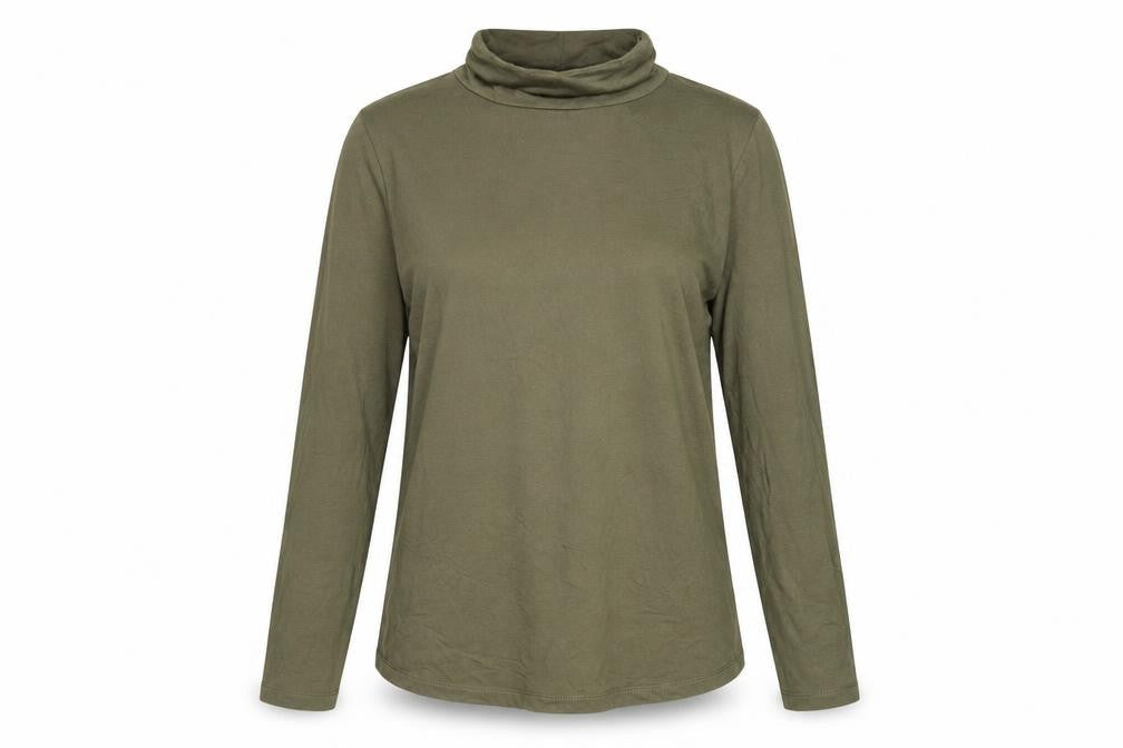 Front view of ASOS women’s green viscose basic t-shirt, size UK 10, roll neck
