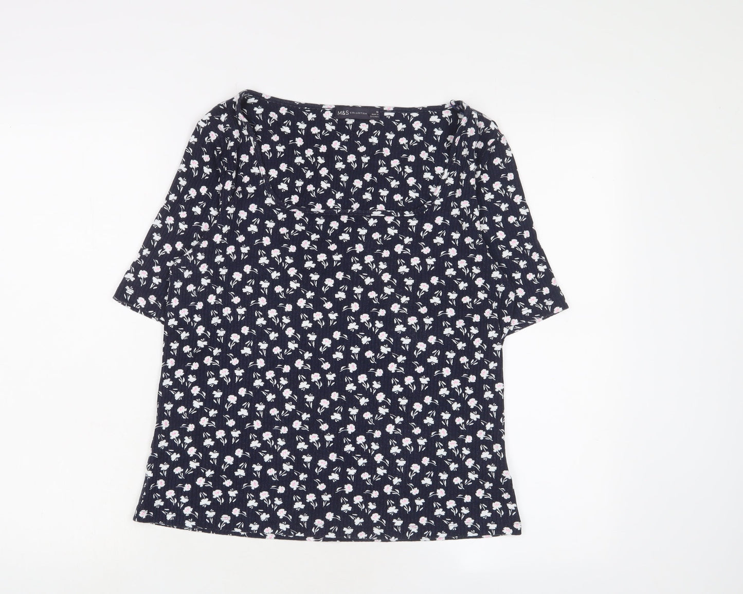 Marks and Spencer Womens Blue Floral Viscose Basic T-Shirt Size 16 Square Neck