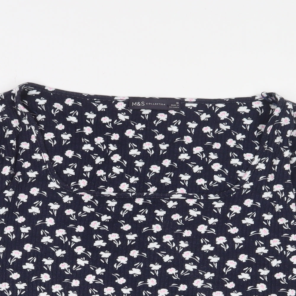 Marks and Spencer Womens Blue Floral Viscose Basic T-Shirt Size 16 Square Neck