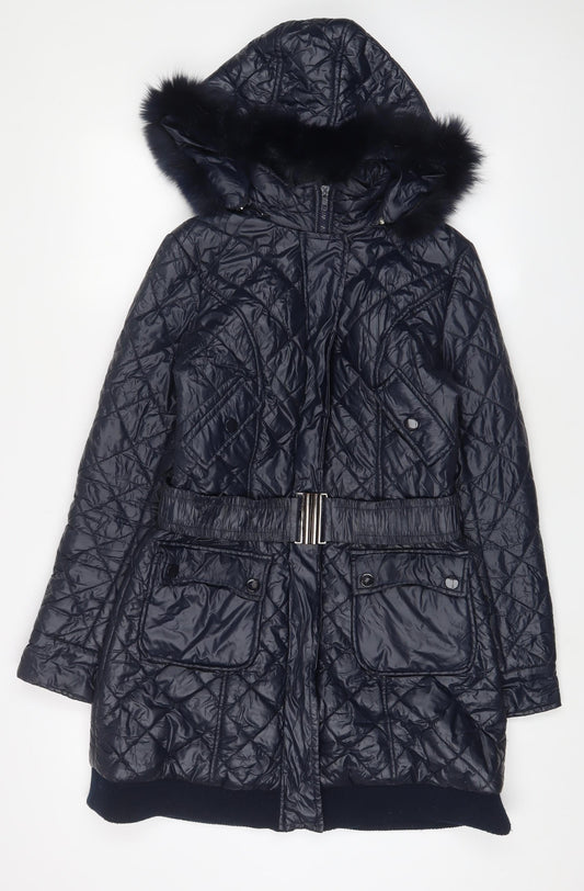 Jimika Womens Blue Quilted Coat Size S Zip - Belted