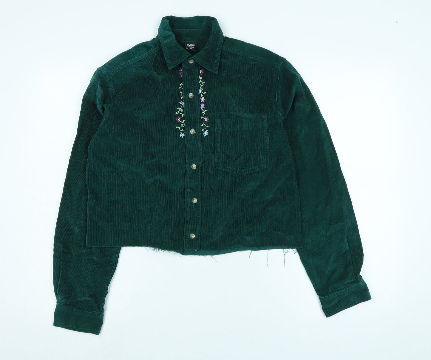 Cotton Traders Womens Green Cotton Blend Basic Blouse Size XS Collared - Raw Hem