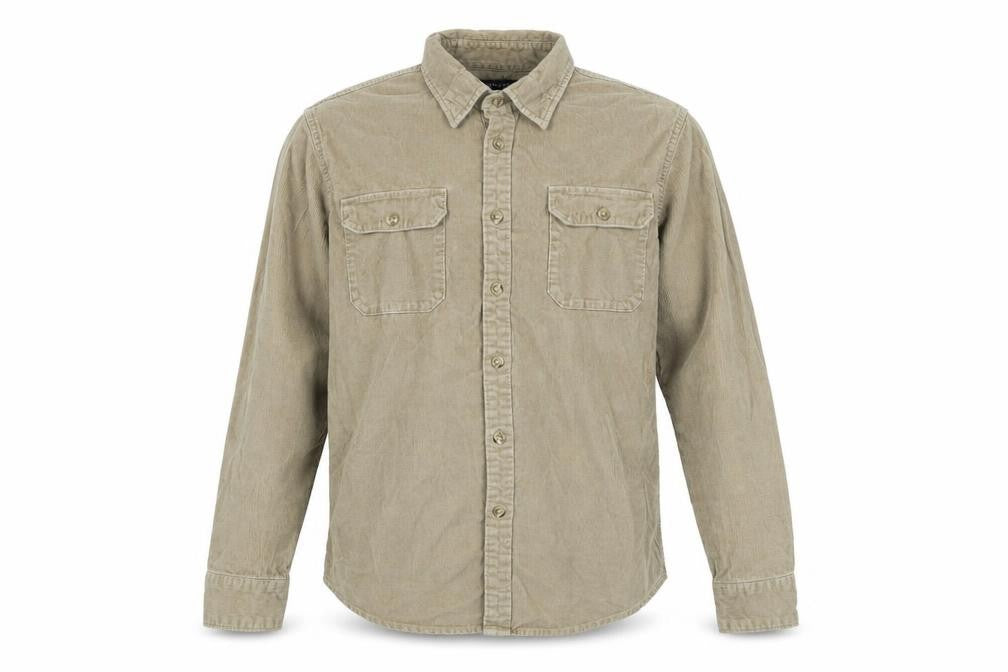 Front view of Lands End men’s beige cotton blend button-up, size M, collared button