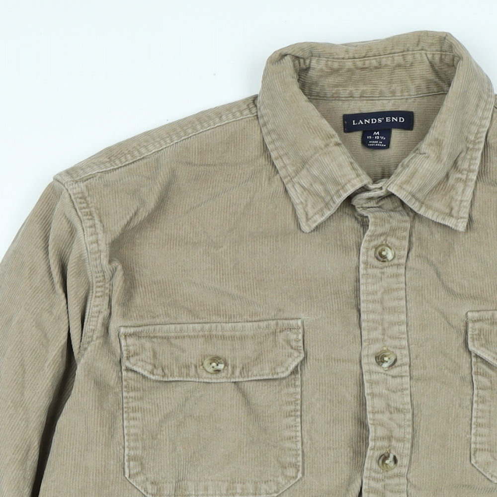 Lands End Mens Beige Cotton Blend Button-Up Size M Collared Button