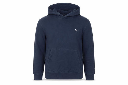 Front view of Crew Clothing Blue Cotton Pullover Hoodie, size M, - Logo Pockets