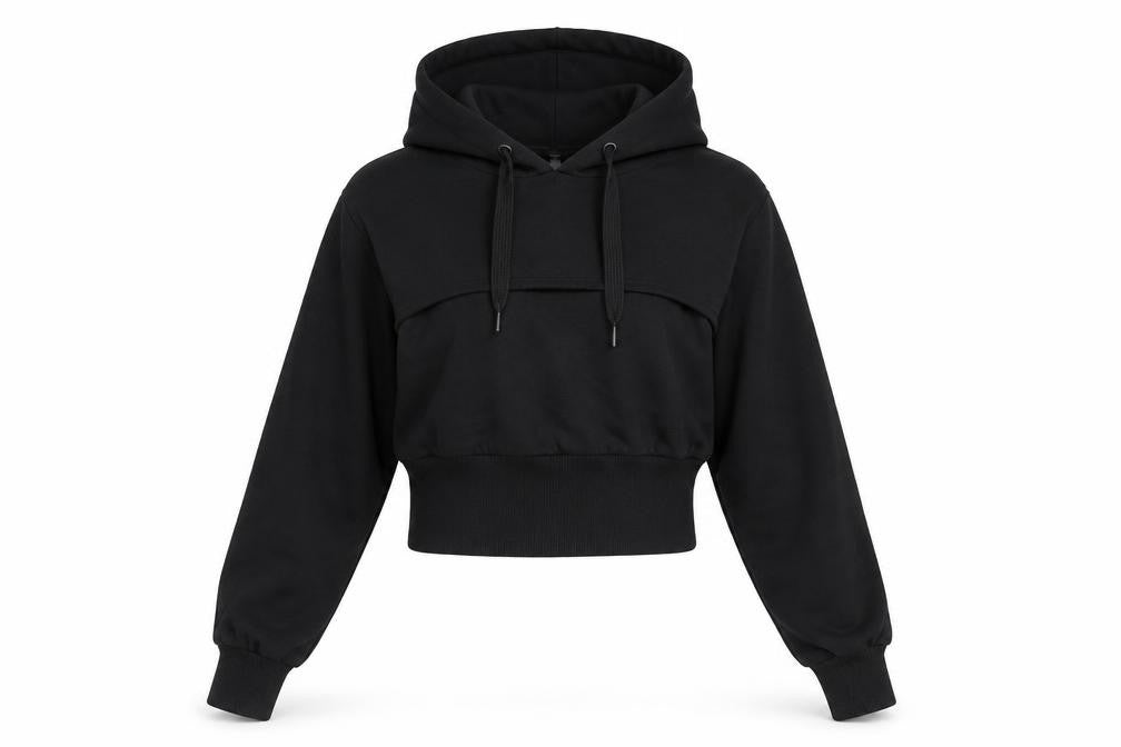 Front view of ASOS women’s black cotton pullover hoodie, size UK 8, pullover - cut out detail