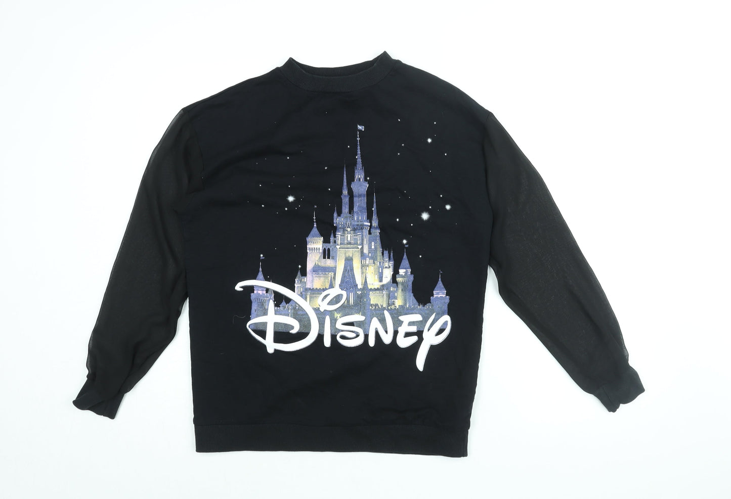 Disney Womens Black Cotton Pullover Sweatshirt Size 10 Pullover - Mesh Sleeves, Disney Castle