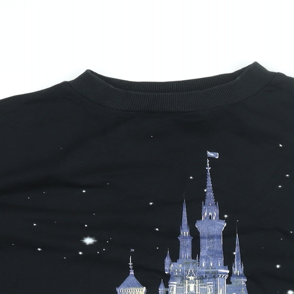 Disney Womens Black Cotton Pullover Sweatshirt Size 10 Pullover - Mesh Sleeves, Disney Castle