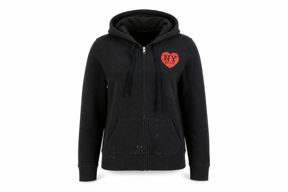PINK Womens Black Cotton Full Zip Hoodie Size L Zip - I Heart PINK, I Heart NY