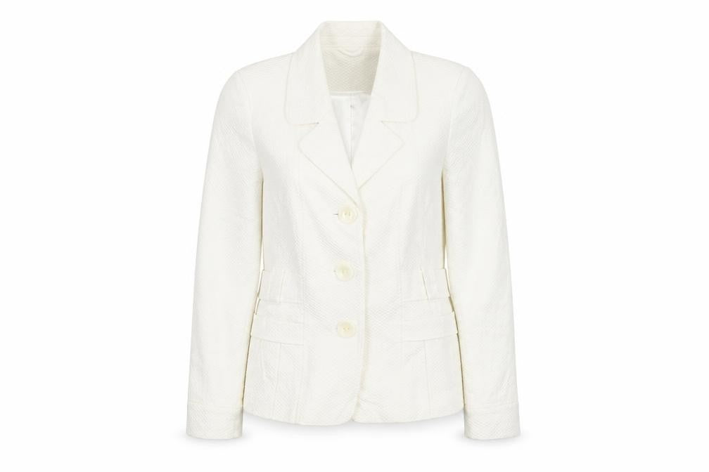 Front view of Savoir women’s ivory jacket, size UK 12, button
