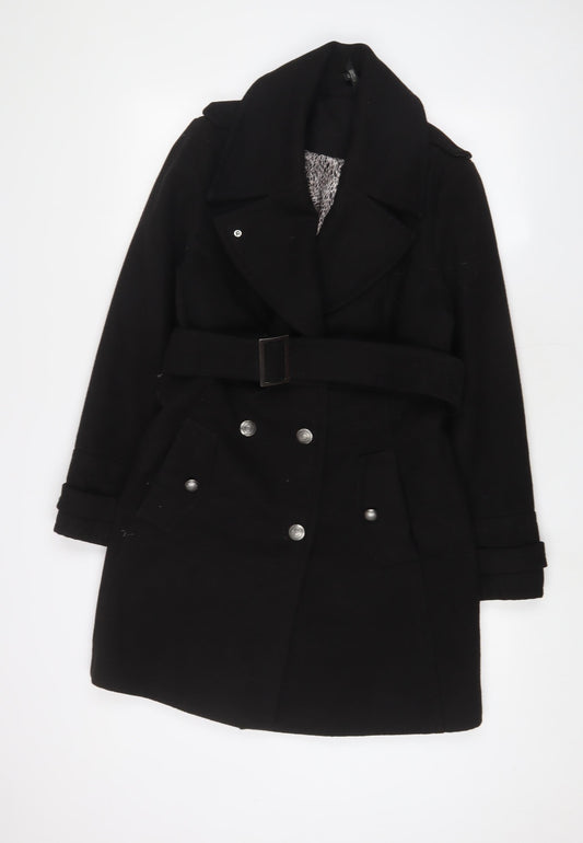 Marks and Spencer Womens Black Overcoat Coat Size 12 Button - Belted