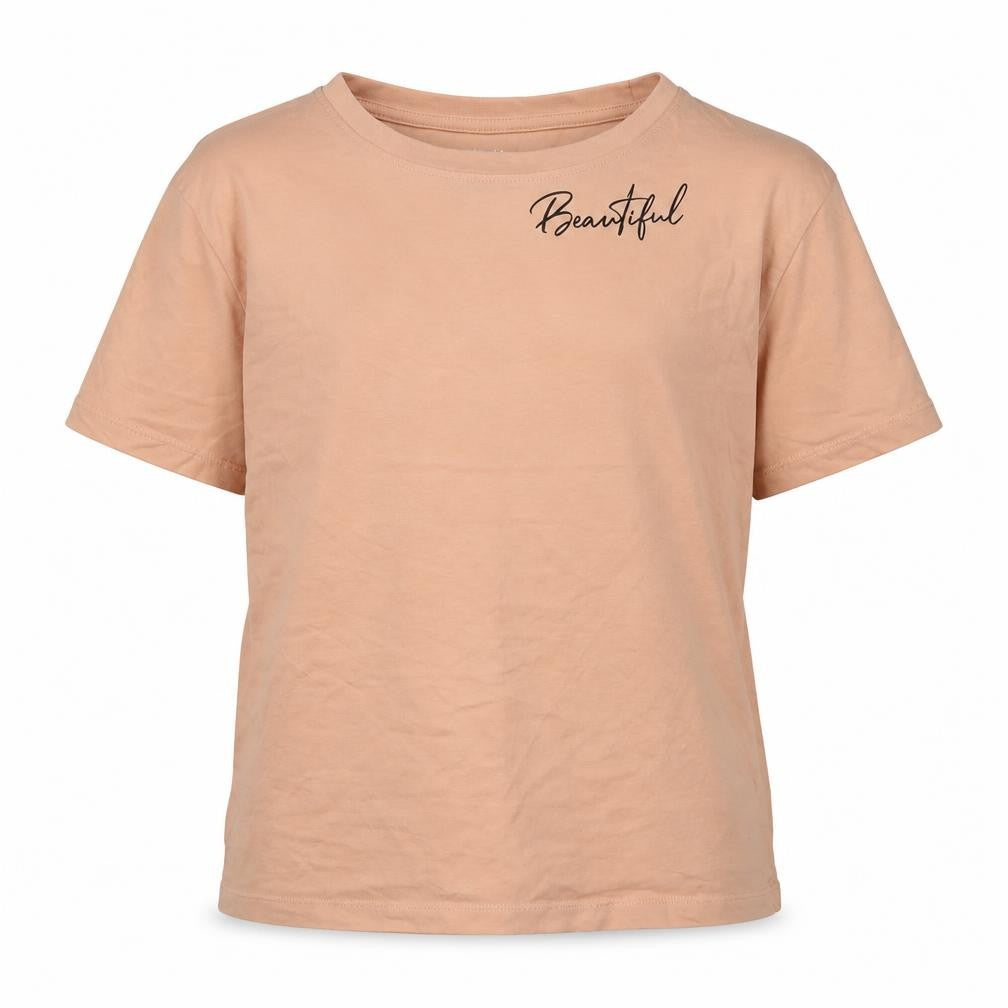 Front view of beautiful girls’ orange cotton basic t-shirt, size 14-15, years crew neck - logo -beautiful