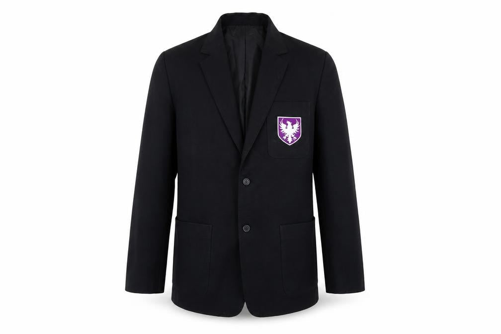 Front view of Trutex boys’ black jacket blazer, size L, button