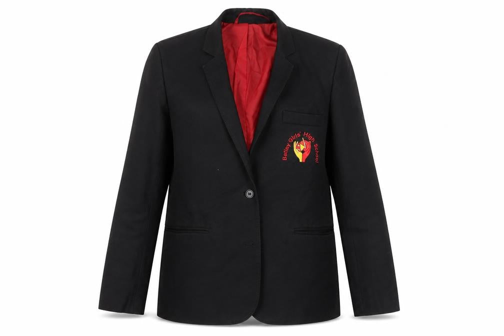 Front view of Winterbottoms girls’ black jacket blazer, size M, button - batley girl's highschool