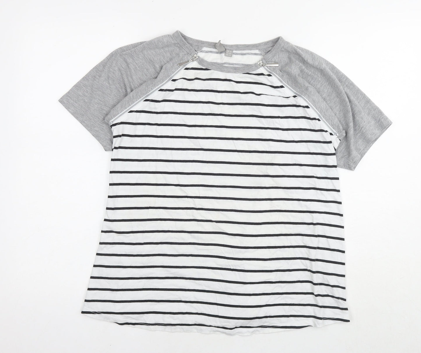 ASOS Womens White Striped Cotton Basic T-Shirt Size 10 Round Neck - Zip Detail