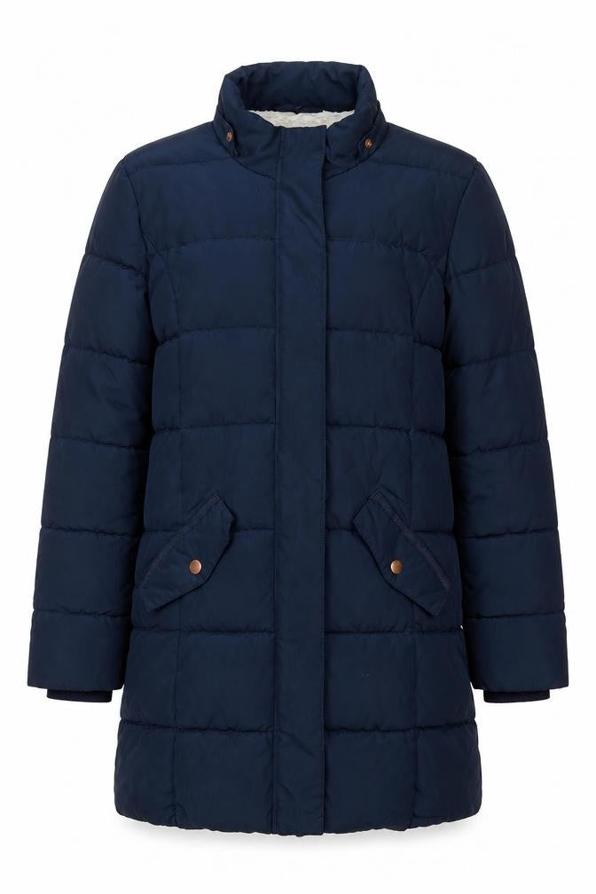 Front view of John Lewis girls’ blue quilted jacket, size 13, years zip
