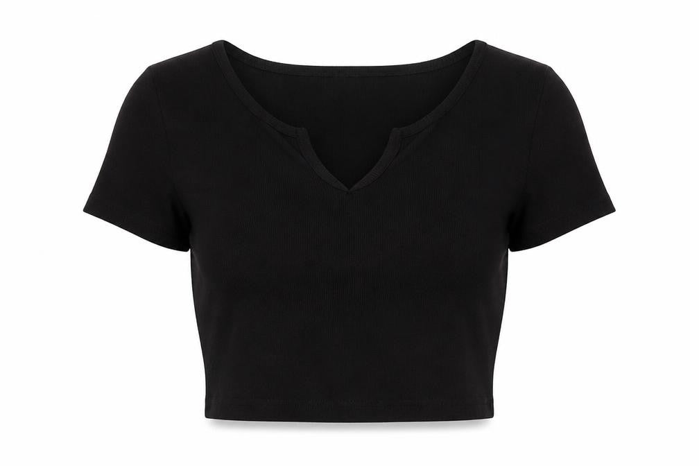 Front view of ASOS women’s black cotton cropped t-shirt, size UK 14, v-neck