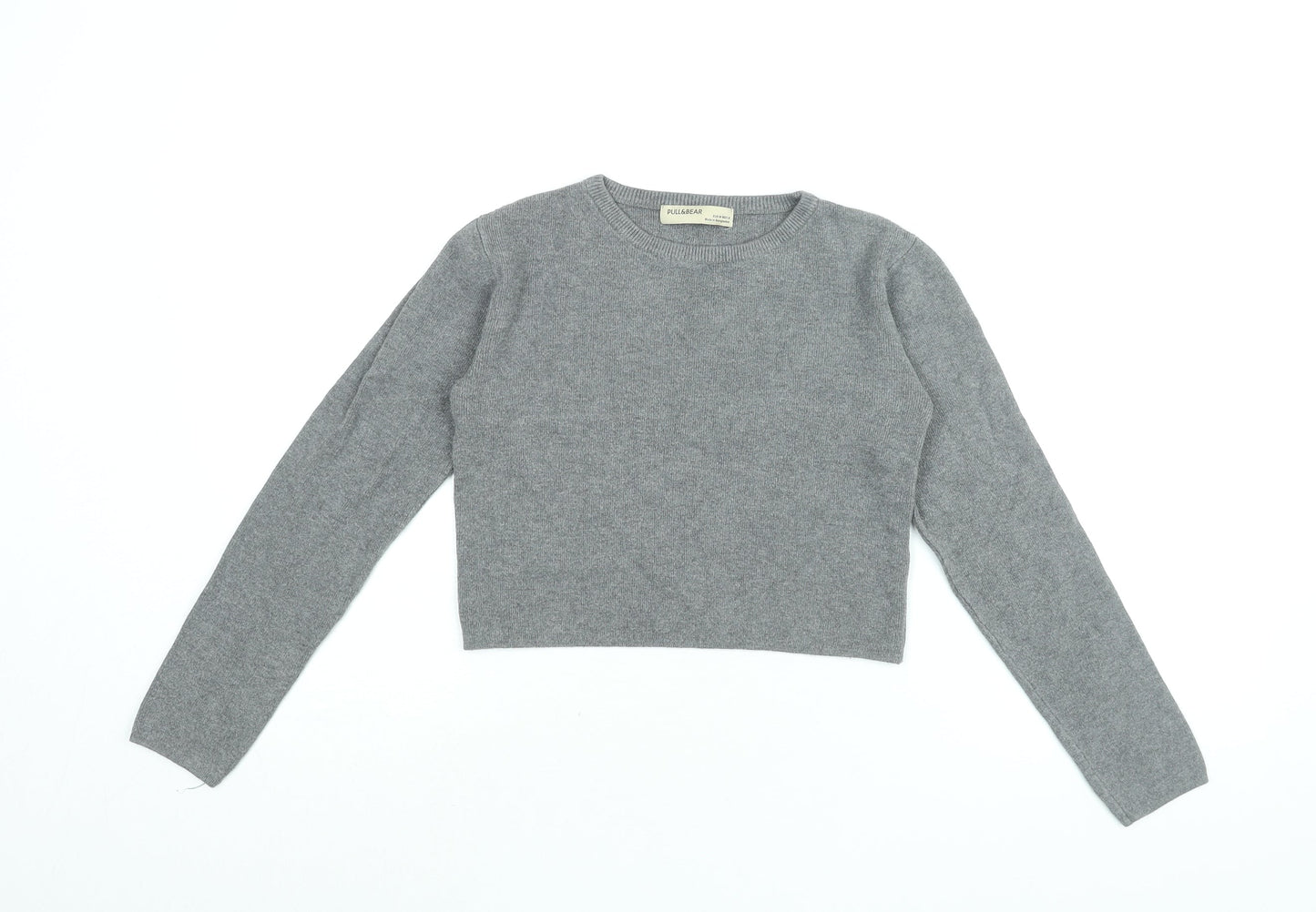 Pull&Bear Womens Grey Viscose Cropped T-Shirt Size M Round Neck