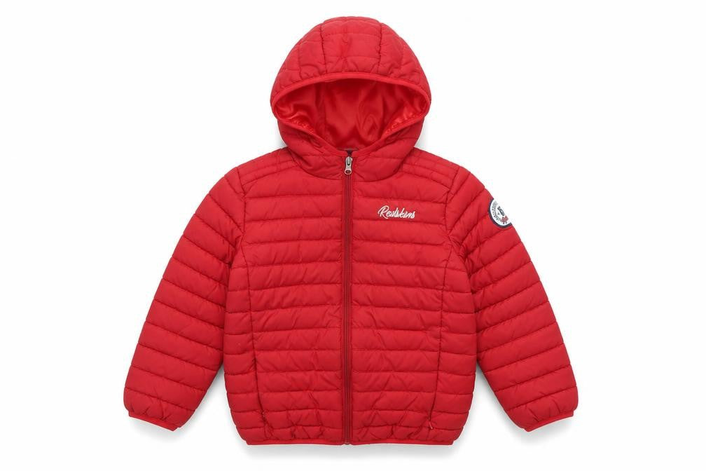 Front view of Redskins boys’ red puffer jacket coat, size 5, years zip
