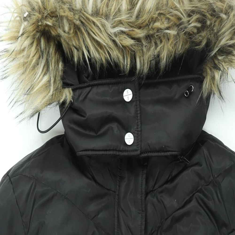 Kenneth Cole Reaction Womens Black Puffer Jacket Coat Size L Zip - Faux Fur Hood