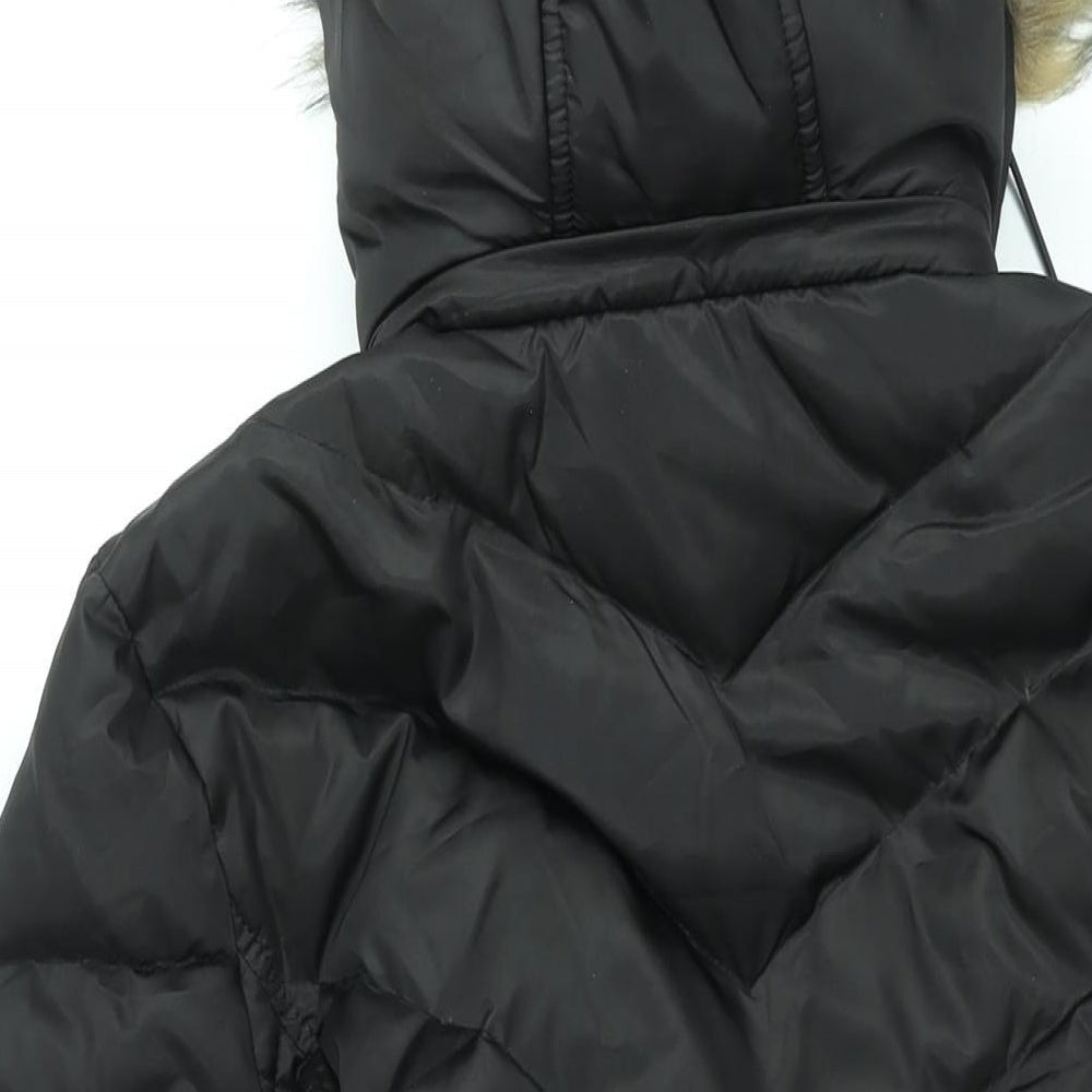 Kenneth Cole Reaction Womens Black Puffer Jacket Coat Size L Zip - Faux Fur Hood