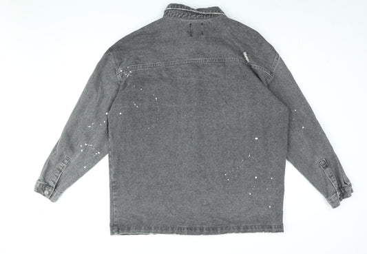 Boohoo Mens Grey Cotton Button-Up Size L Collared Button - Paint splatter effect, Distressed
