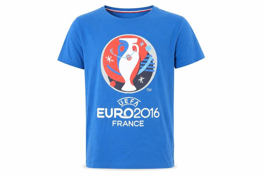Front view of Euro 2016 boys’ blue cotton basic t-shirt, size S, round neck pullover - euro 2016 france